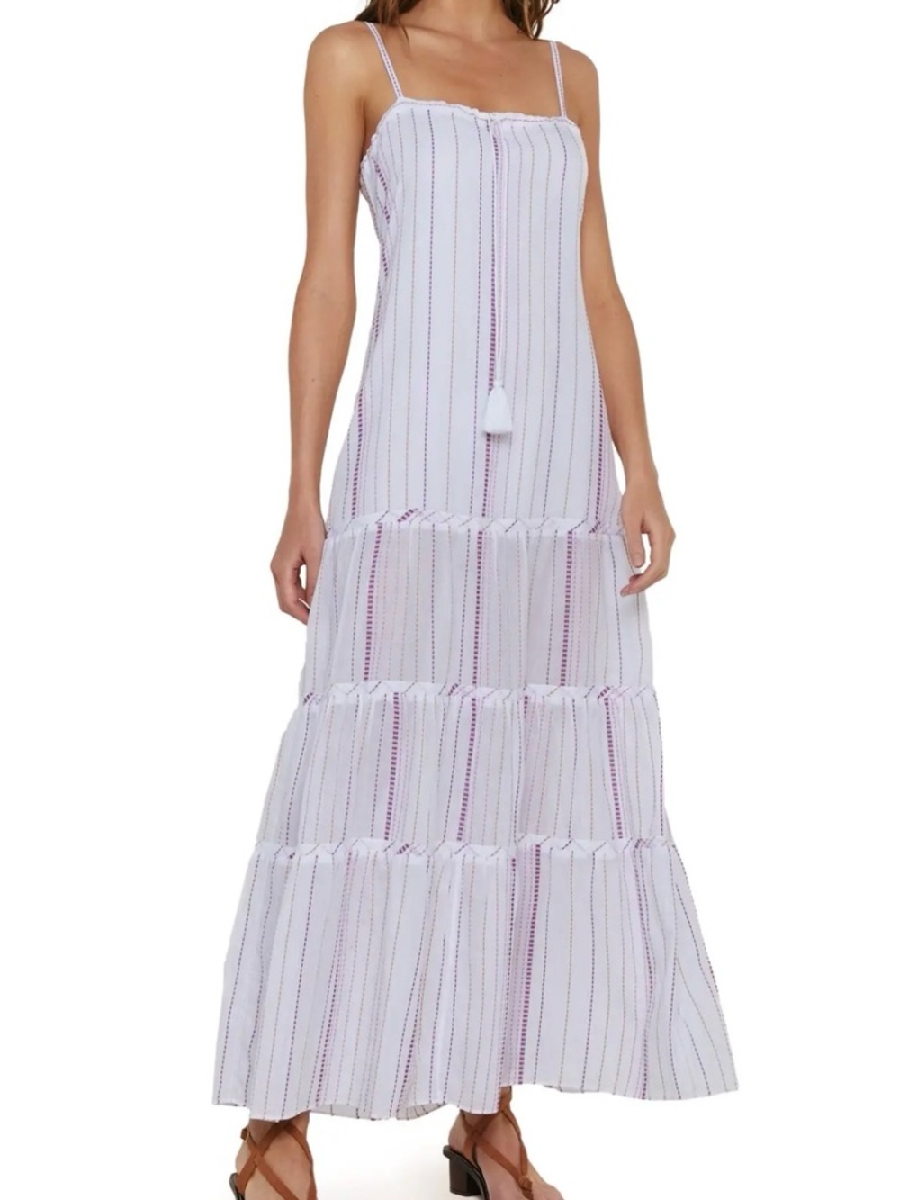 Spaghetti-Strap White Maxi Dress with Pink Stripe Detail